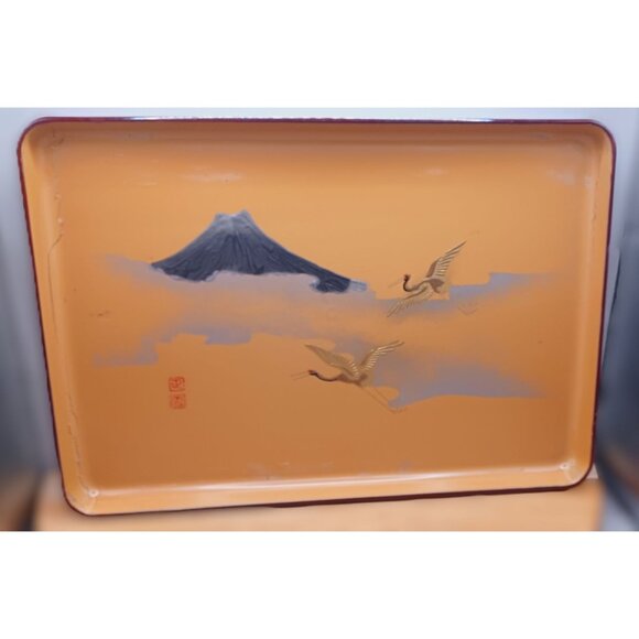 Meiji Period Urushi Lacquer Tray Embossed Gold Cranes, Mountain Lacquerware Tray - Picture 1 of 16